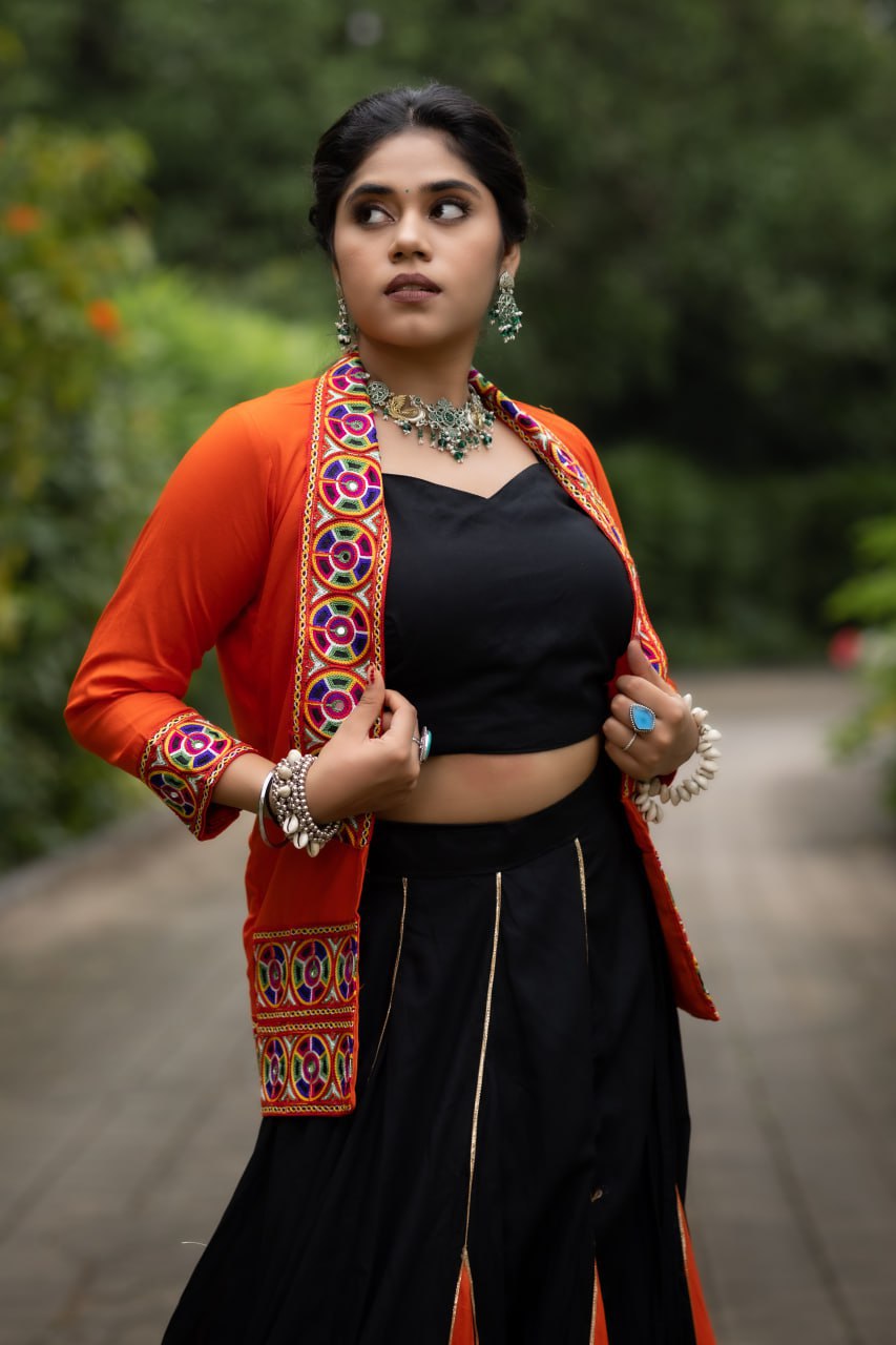 Navratri Collection Black and Orange Lehenga With Koti and Blouse👜
