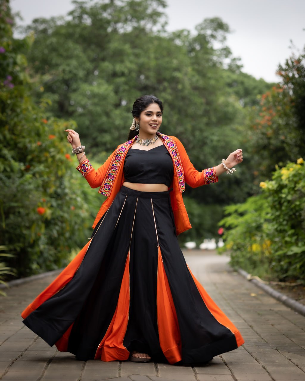 Navratri Collection Black and Orange Lehenga With Koti and Blouse👜