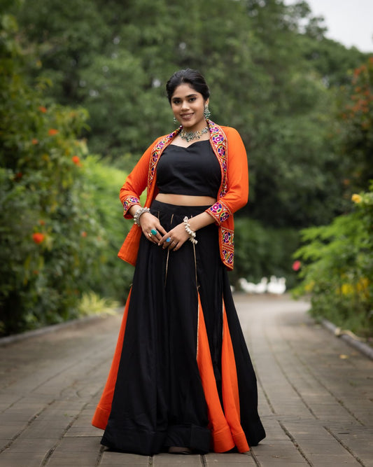 Navratri Collection Black and Orange Lehenga With Koti and Blouse👜